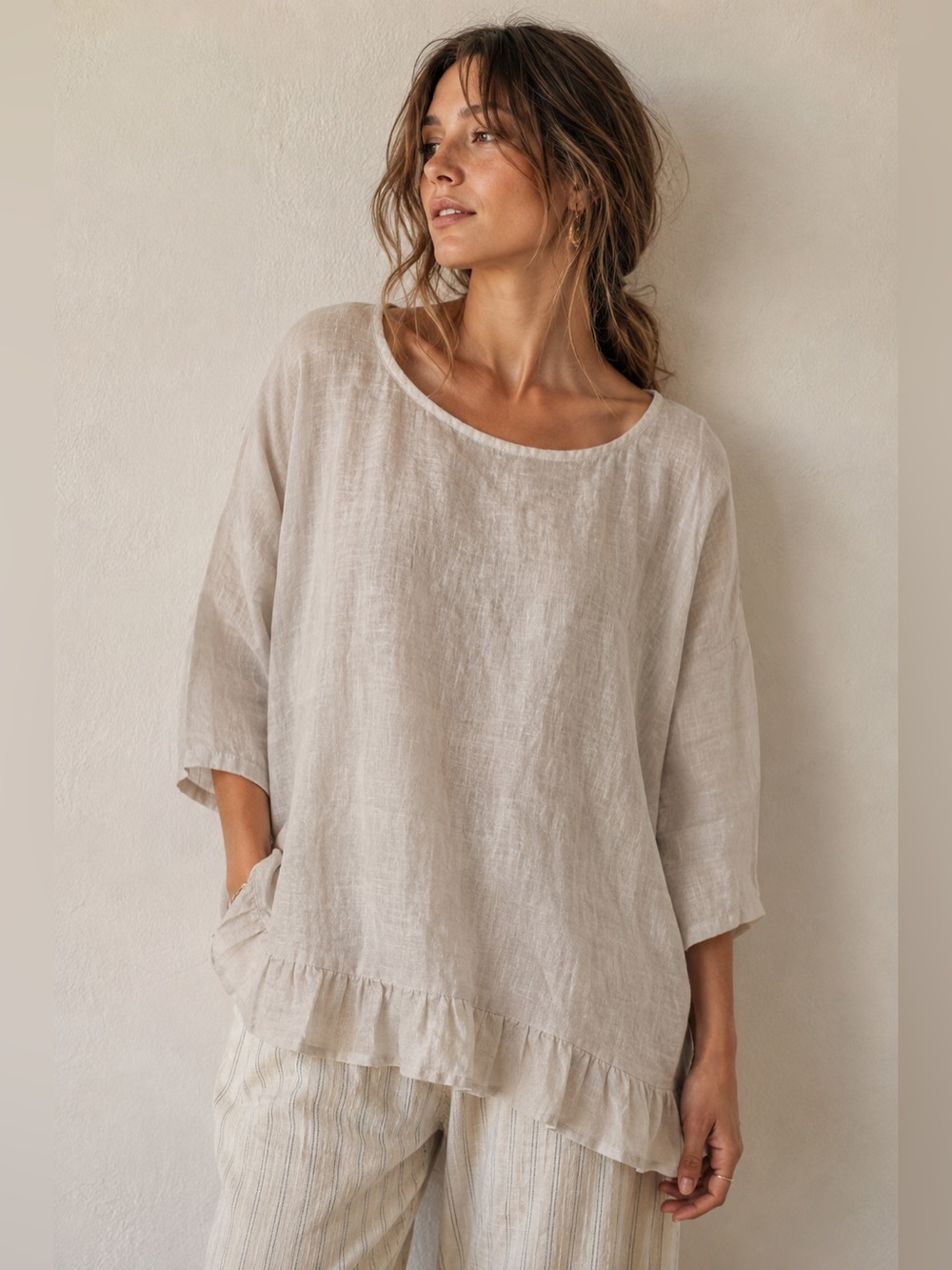 NWOT Lungo L’Arno Linen Tunic Top M Made in Italy Ivory Ruffle Hem Lagenlook